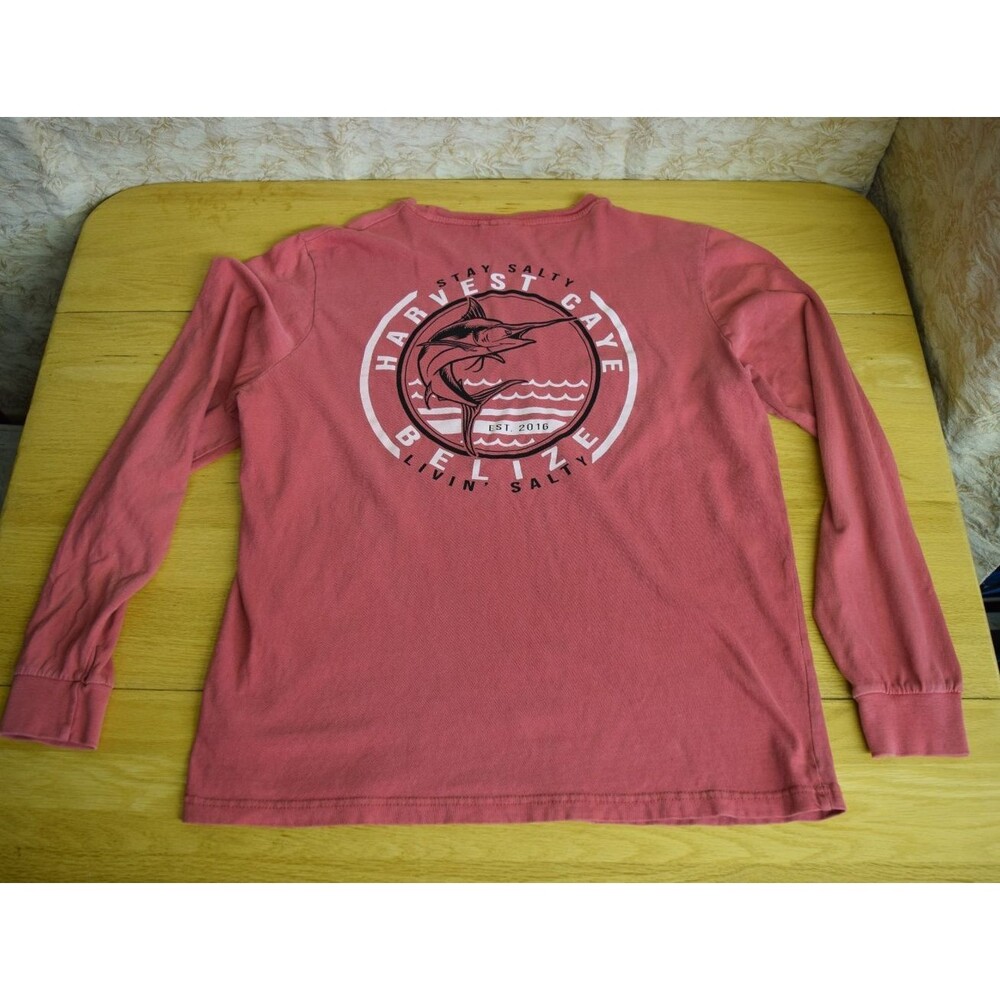 Mens Medium Harvest Caye Belize Stay Salty Red Long Sleeve Vintage Look Shirt - Picture 6 of 6